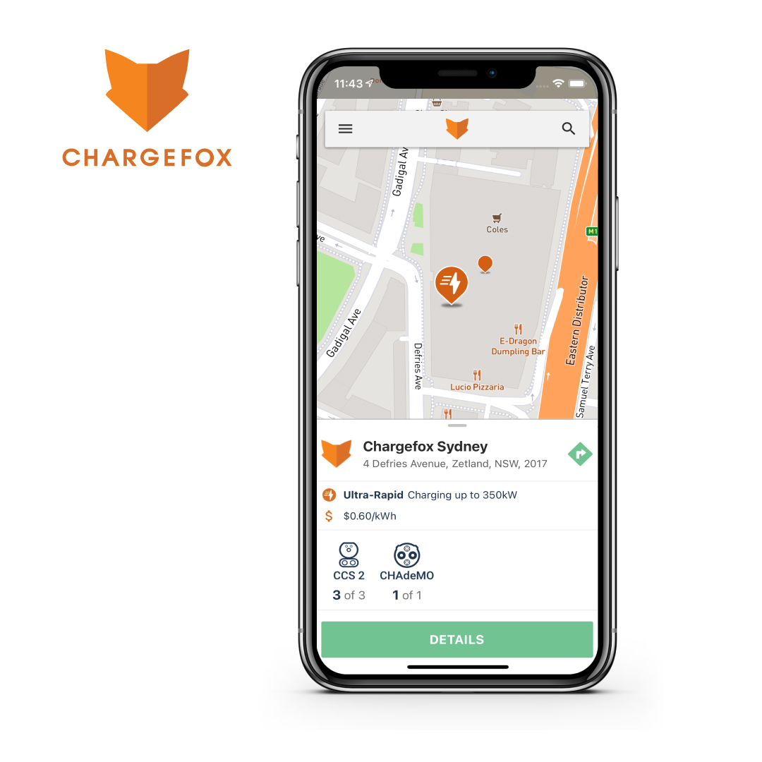 The Chargefox logo and visual of what the map within the app looks like.