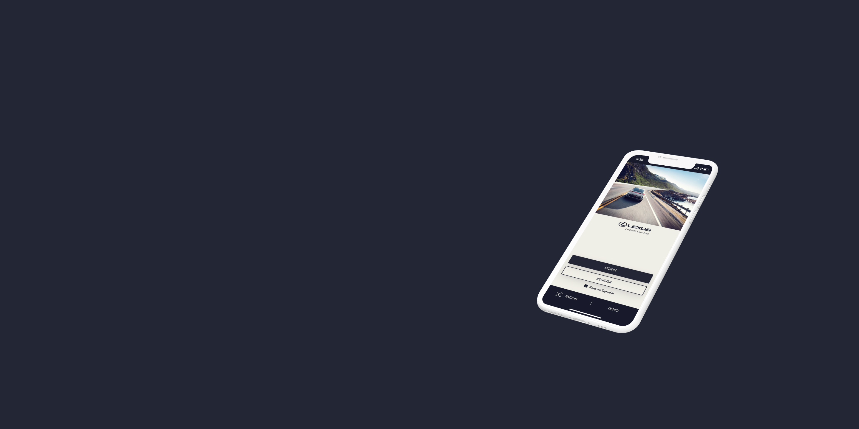 Lexus Connected App login screen on a white iPhone. The background is dark blue.